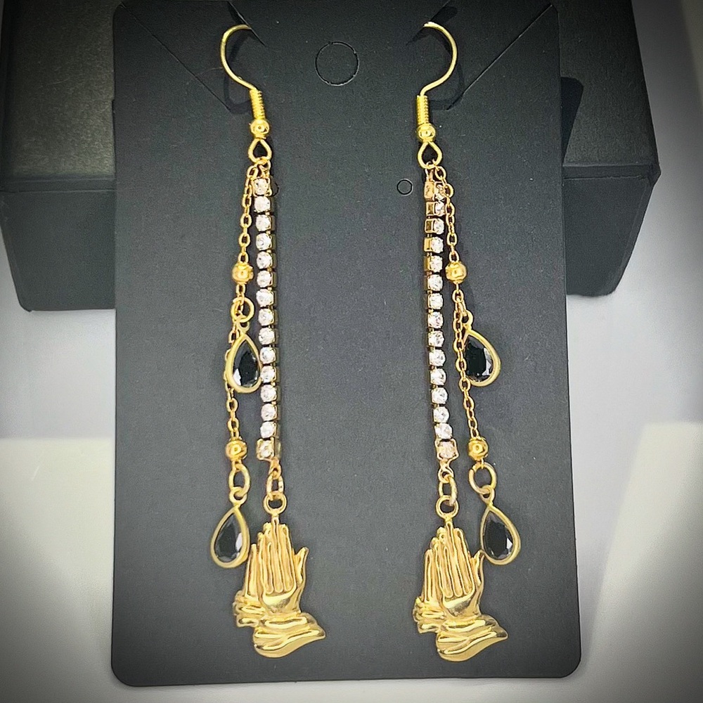 Praying Hands Fish Hook Drop Earrings Handcrafted